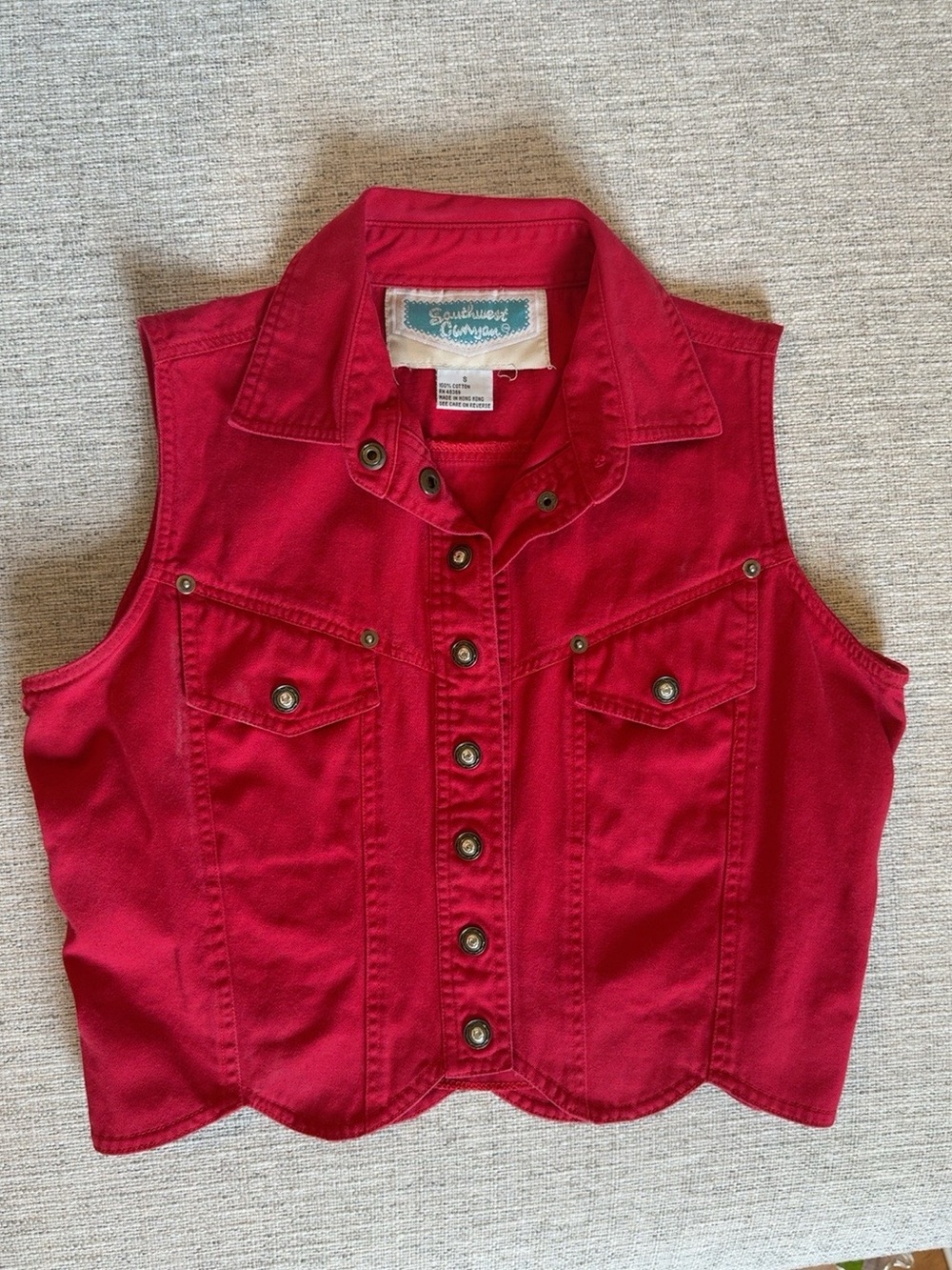 Vintage Southwest Canyon Red Western Denim Vest 100% Cotton Size S • Cropped